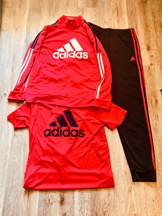 adidas Other - adidas Red & Black Kids XL 3-Piece Active Set - Logo Tee, Jacket & Track Pants
